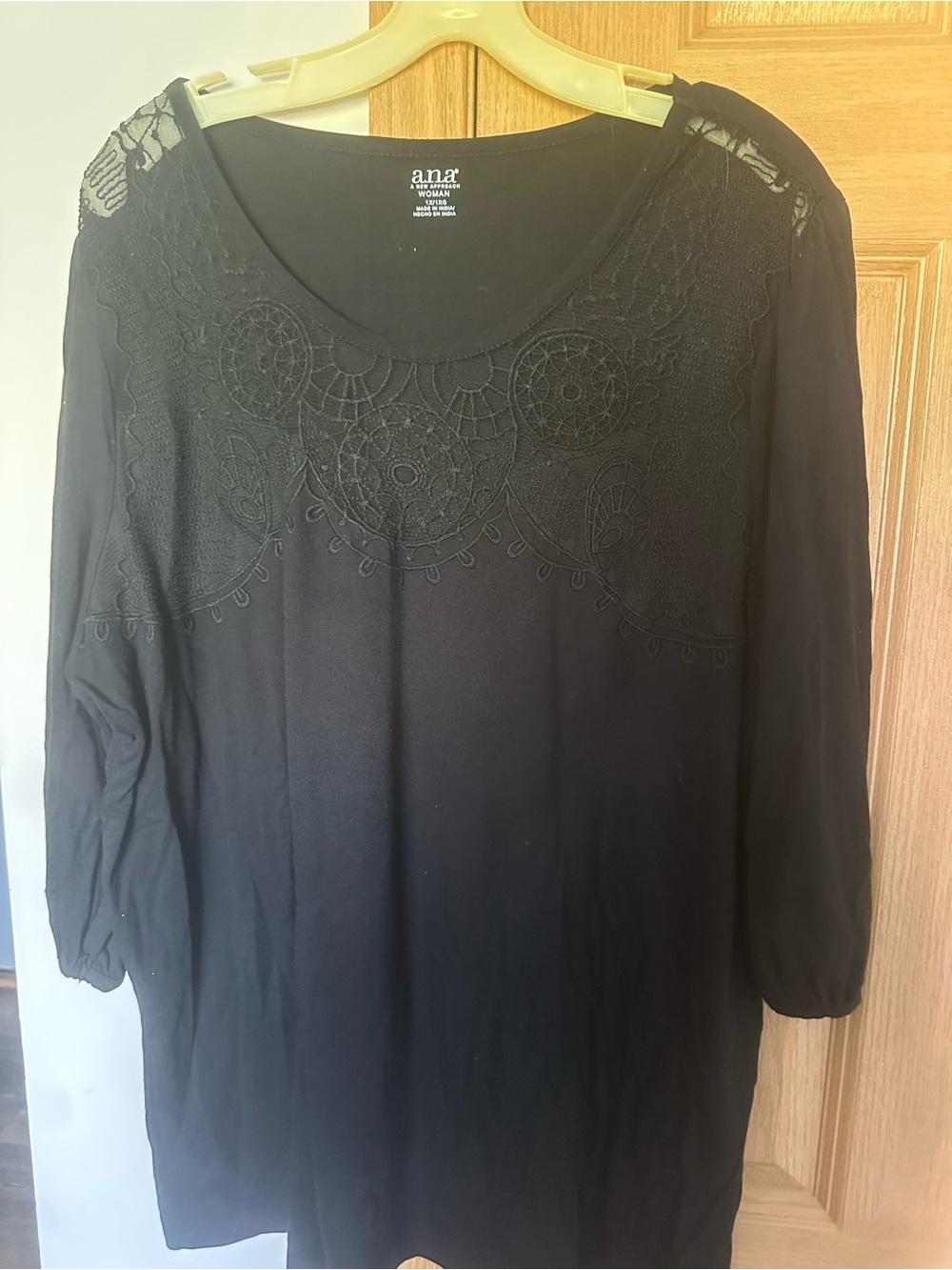a.n.a Black Long Sleeve Scoop Neck Top with Embroidered Yoke